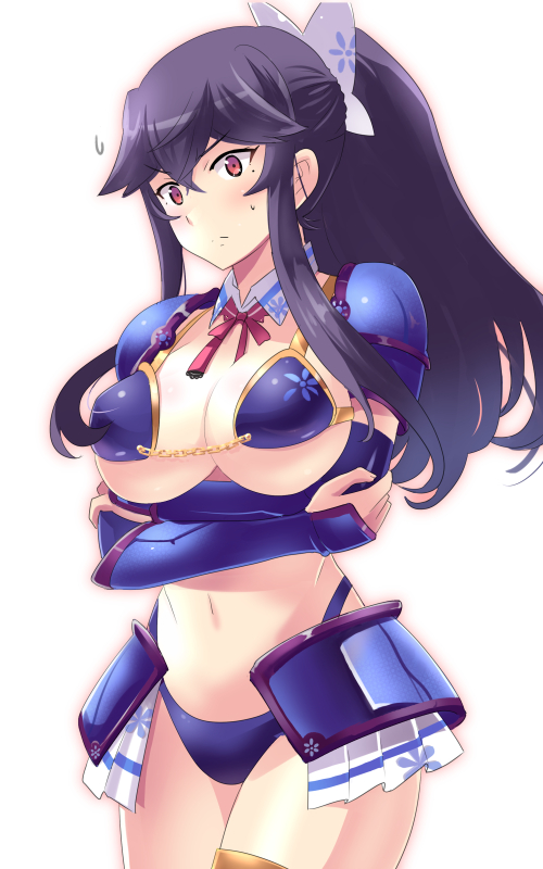 05_(passelclow), 1girl, armor, bikini, bikini_armor, black_hair, gauntlets, inou-battle_wa_nichijou-kei_no_naka_de, long_hair, mole_under_eye, ponytail, red_eyes, swimsuit, takanashi_sayumi