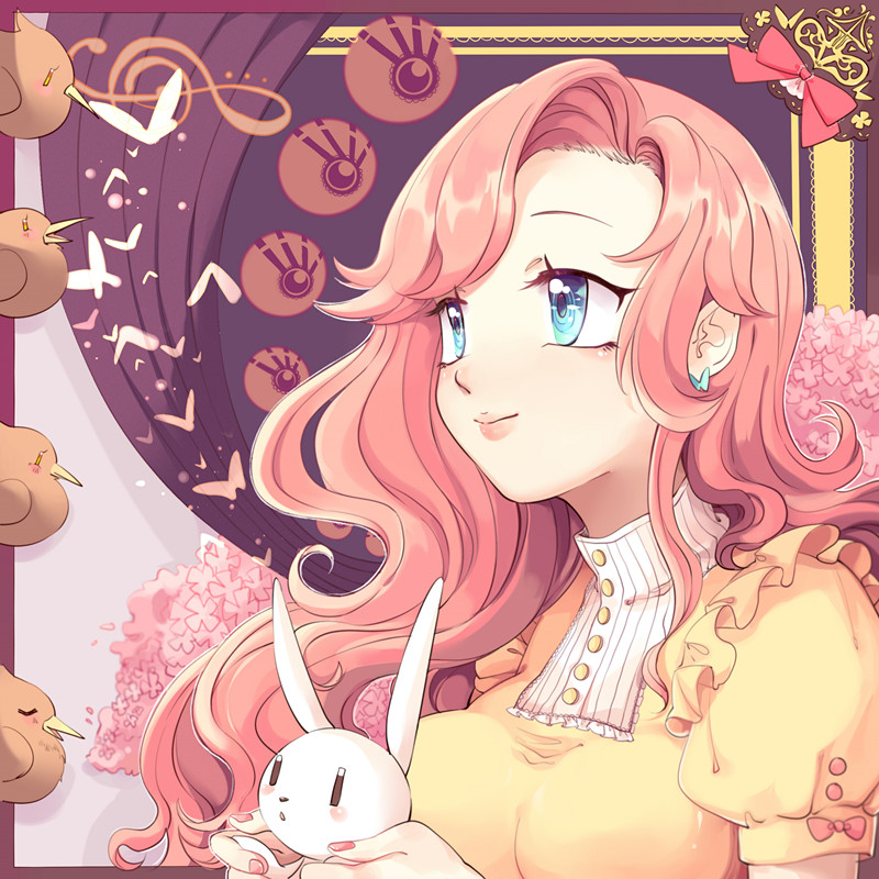 1girl, angel_bunny, animal, blue_eyes, breasts, commentary_request, fluttershy, long_hair