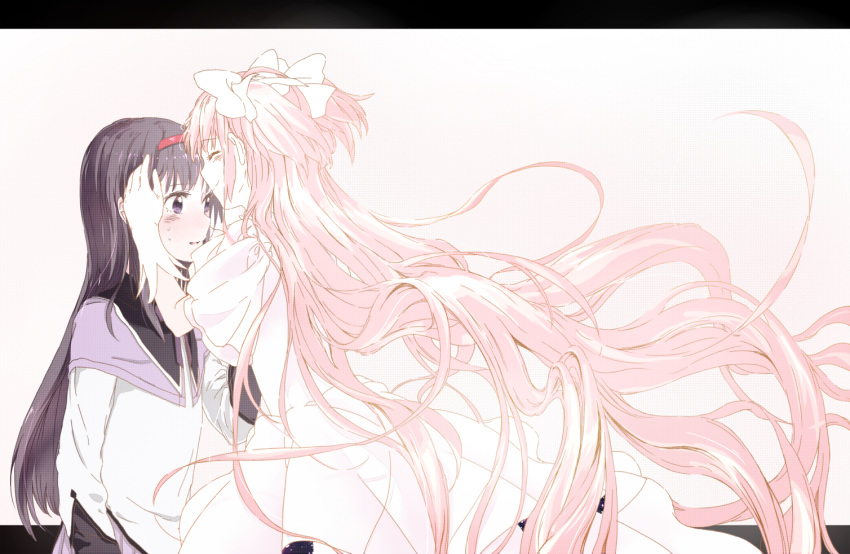 2girls, akemi_homura, black_hair, blush, capelet, closed_eyes, crying, dress