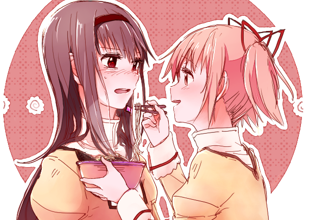 2girls, :d, :o, akemi_homura, black_hair, blush, earrings, embarrassed