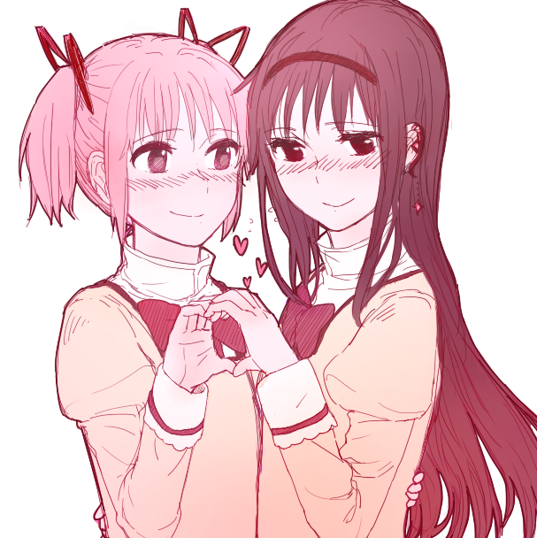 2girls, akemi_homura, blush, earrings, gradient, hair_ribbon, headband, heart