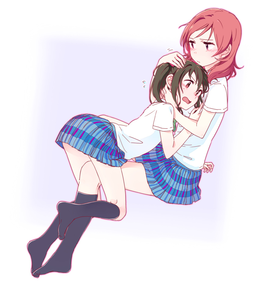 :o, black_hair, blush, dress_shirt, embarrassed, frown, hand_on_another's_head, highres