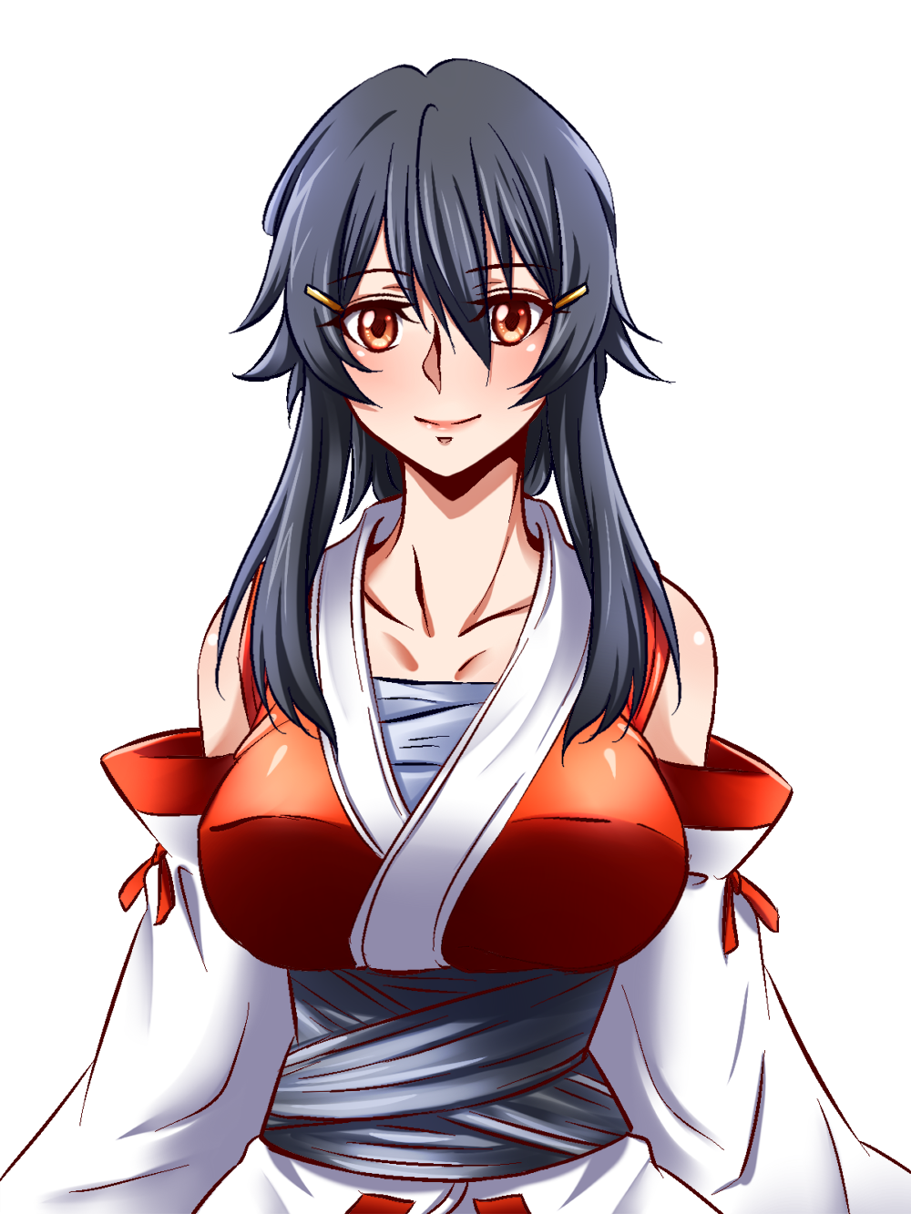 1girl, alternate_costume, bandages, black_hair, breasts, bust, detached_sleeves, hair_ornament