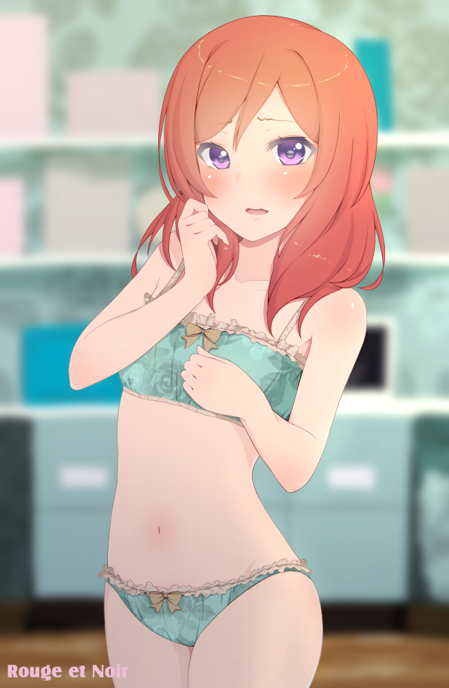 1girl, blush, lingerie, looking_at_viewer, love_live!_school_idol_project, mashimaru_(muzikluva), navel, nishikino_maki