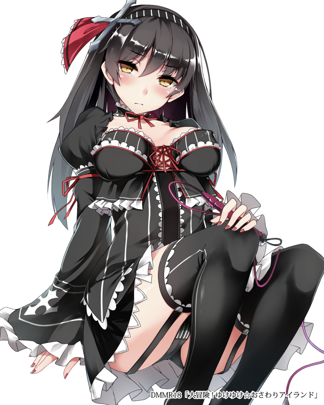 1girl, black_hair, black_legwear, black_panties, blush, breasts, choker, daibouken!_yukeyuke_osawari_island, garter_straps, hair_ornament, hairband, long_hair, looking_at_viewer, nanahara_fuyuki, panties, pantyshot, pantyshot_(sitting), red_nails, sitting, skirt, solo, thigh-highs, underwear, watermark, whip, white_background, yellow_eyes