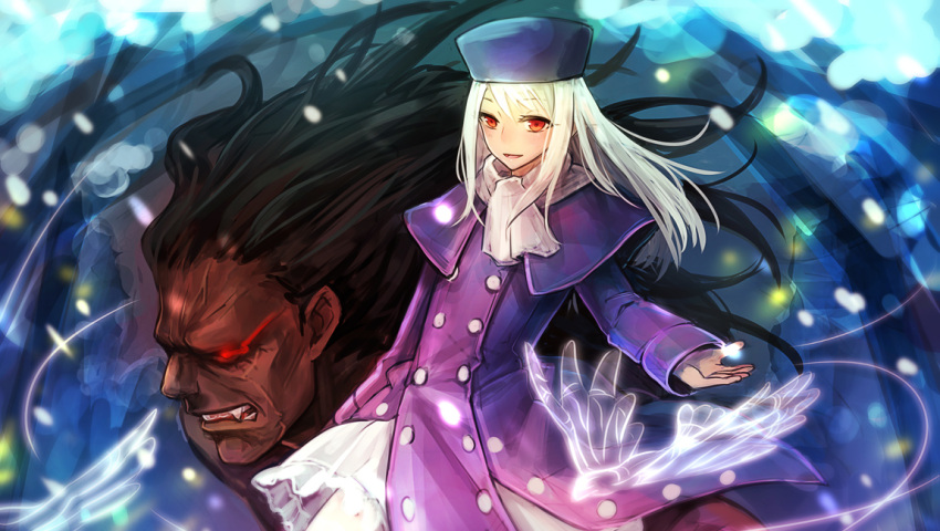 1boy, 1girl, berserker, black_hair, fate/stay_night, fate_(series), glowing, glowing_eye, hat, illyasviel_von_einzbern, long_hair, red_eyes, shiobana, white_hair