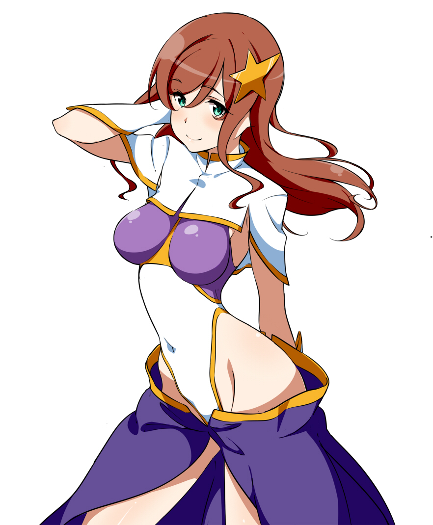 1girl, breasts, brown_hair, covered_navel, gloves, green_eyes, gundam, gundam_build_fighters, gundam_build_fighters_try, gundam_seed, gundam_seed_destiny, hair_ornament, hand_in_hair, highleg, highleg_leotard, ichi-jirushi, kamiki_mirai, leotard, long_hair, meer_campbell, meer_campbell_(cosplay), shiny, shiny_hair, smile, solo, star, star_hair_ornament