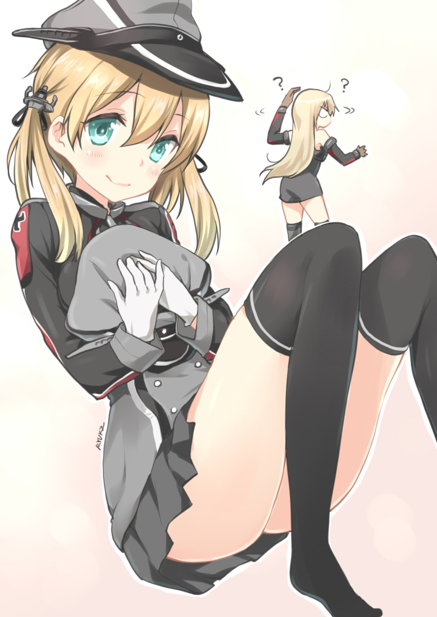 2girls, ?, absurdres, anchor_hair_ornament, aqua, artist_name, bismarck_(kantai_collection), black_legwear