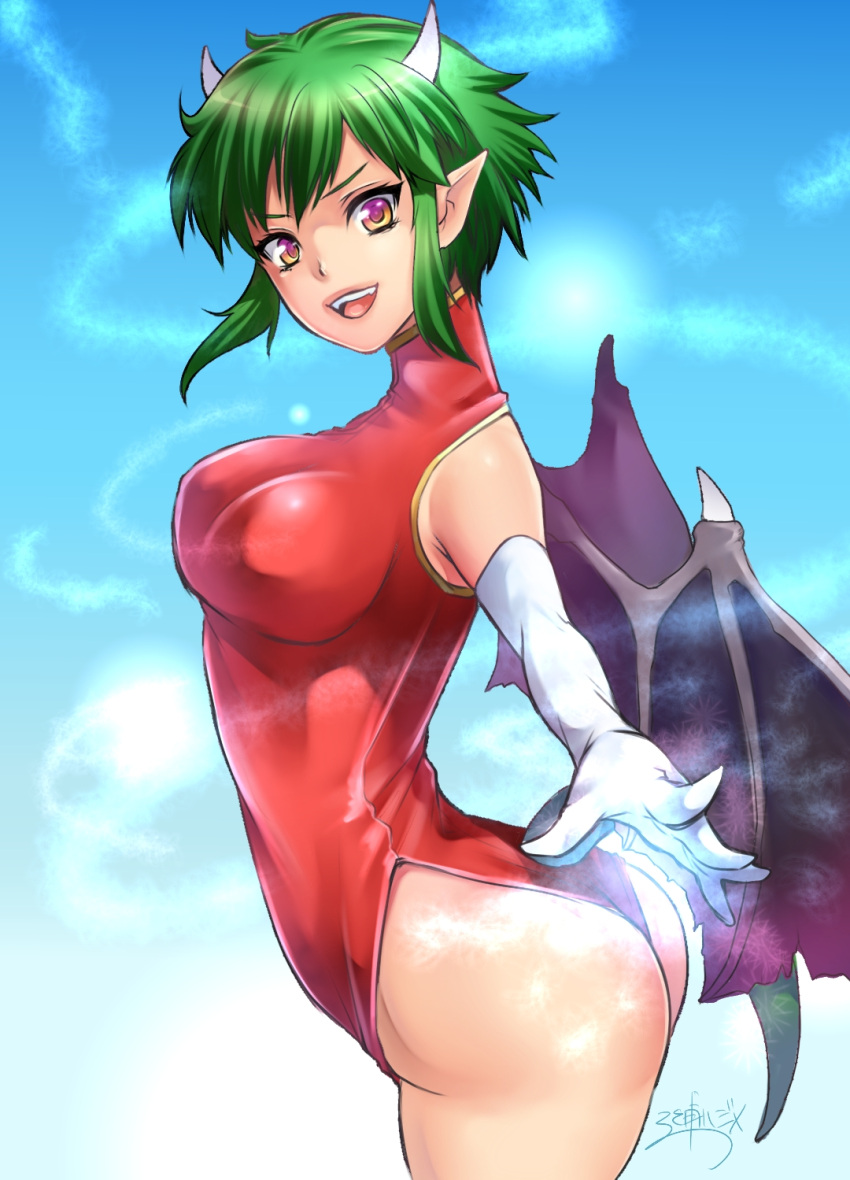 1girl, ass, breasts, demon_wings, gloves, green_eyes, highres, looking_at_viewer
