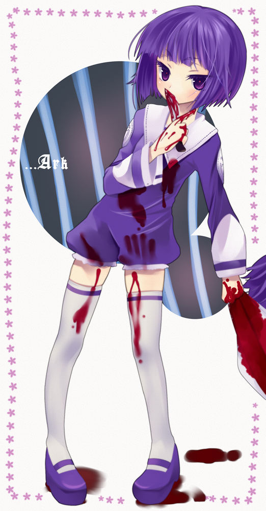 ark_(elysion), knife, mary_janes, purple_eyes, purple_hair, shoes, short_hair, soror
