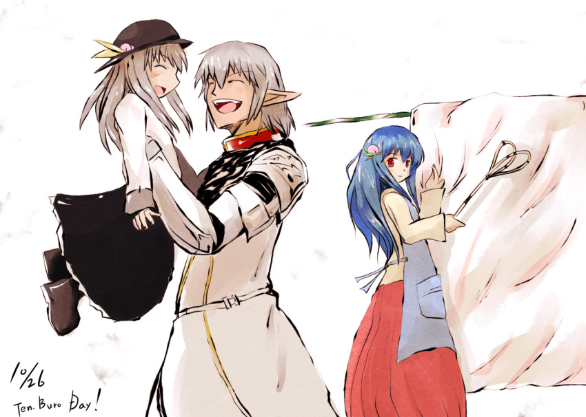 1boy, 2girls, armor, blue_hair, buronko, buront, crossover, dress, final_fantasy, final_fantasy_xi, food, fruit, happy, hat, hinanawi_tenshi, long_hair, multiple_girls, open_mouth, peach, red_eyes, short_hair, silver_hair, smile, the_iron_of_yin_and_yang, touhou