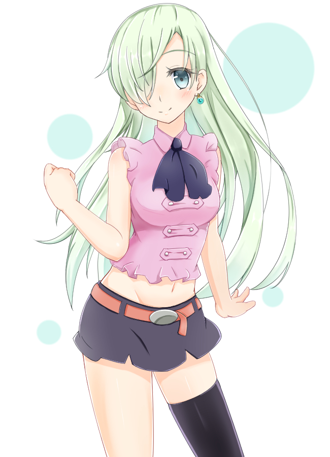 1girl, belt, black_legwear, blue_eyes, blush, elizabeth_liones, green_hair, hair_over_one_eye, jewelry, kurose_yuuki, long_hair, midriff, miniskirt, mound_of_venus, nanatsu_no_taizai, navel, single_earring, single_thighhigh, skirt, smile, solo, thigh-highs