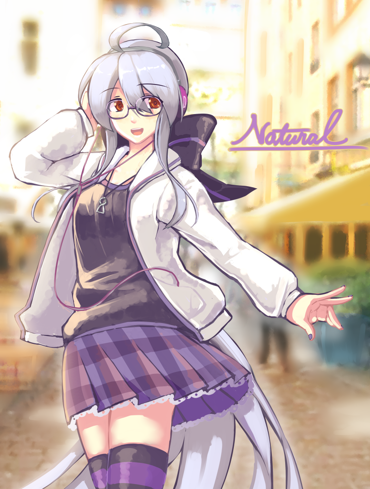 1girl, :d, ahoge, bespectacled, bow, glasses, hair_bow, happy, headphones, hourou, jacket, jewelry, long_hair, nail_polish, necklace, open_mouth, pleated_skirt, purple_nails, red_eyes, silver_hair, skirt, smile, solo, striped, striped_legwear, thigh-highs, very_long_hair, vocaloid, yowane_haku