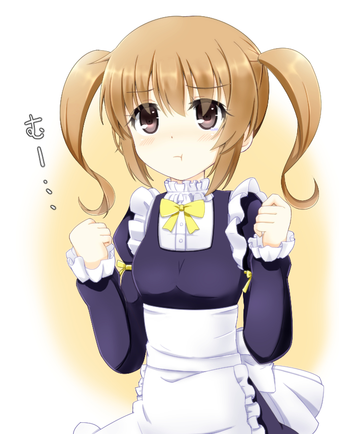 1girl, :t, apron, blush, brown_eyes, brown_hair, clenched_hands, kurose_yuuki