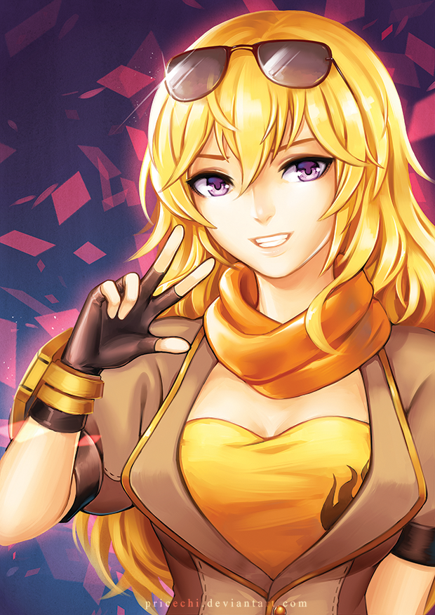 1girl, blonde_hair, breasts, cleavage, fingerless_gloves, gloves, jacket, long_hair
