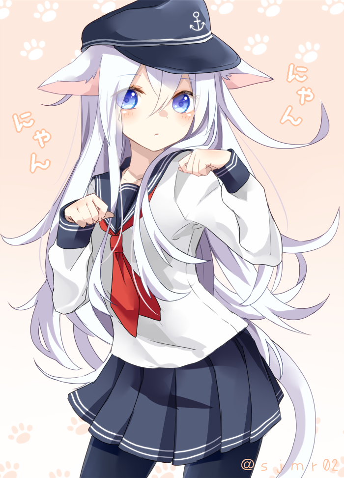 1girl, anchor_symbol, animal_ears, black_legwear, blue_eyes, blush, cat_ears, cat_tail
