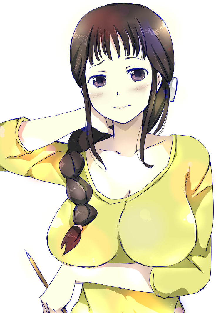 1girl, blush, braid, breast_hold, breasts, brown_eyes, brown_hair, cleavage