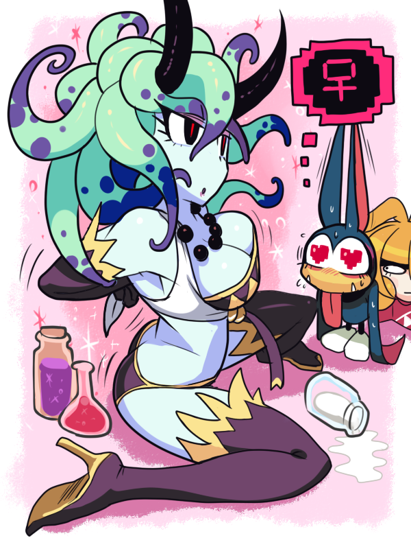 1boy, 2girls, bat, black_eyes, blonde_hair, blue_skin, blush, boots, breasts, butt_crack, cleavage, demon_girl, draculala_(gashi-gashi), dressing, elbow_gloves, eyeshadow, gashi-gashi, gloves, green_hair, heart, heart-shaped_pupils, high_heel_boots, high_heels, horns, jewelry, large_breasts, long_hair, makeup, multiple_girls, necklace, one_knee, original, panties, pearl_necklace, pixelated, potion, red_eyes, sayaka-chan_(gashi-gashi), solo_focus, spill, succubus, symbol-shaped_pupils, tentacle_hair, thigh-highs, thigh_boots, tongue, tongue_out, tubetop, tying, underwear, zigza_(gashi-gashi)