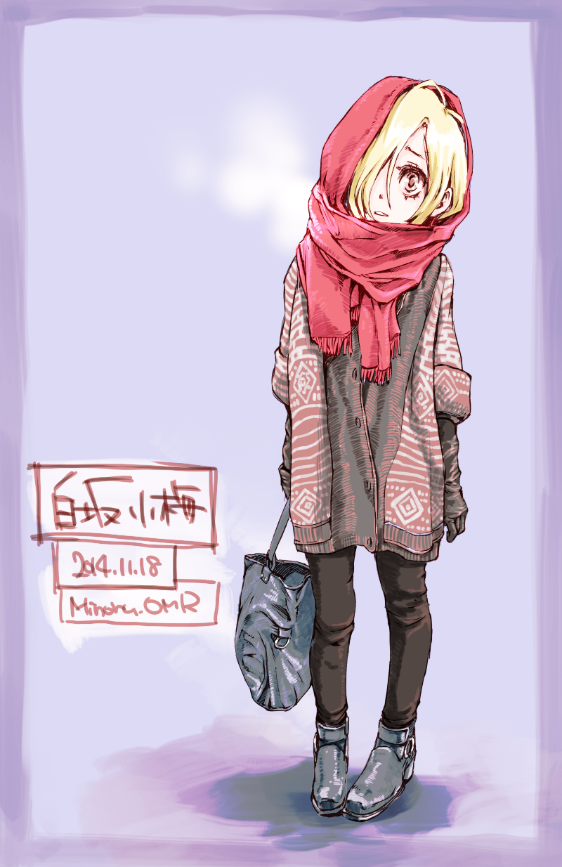 1girl, bag, bags_under_eyes, black_gloves, blonde_hair, boots, coat, elbow_gloves, gloves, grey_eyes, hair_over_one_eye, handbag, highres, idolmaster, idolmaster_cinderella_girls, looking_at_viewer, minoru_omr, pants, red_scarf, scarf, shirasaka_koume, short_hair, solo