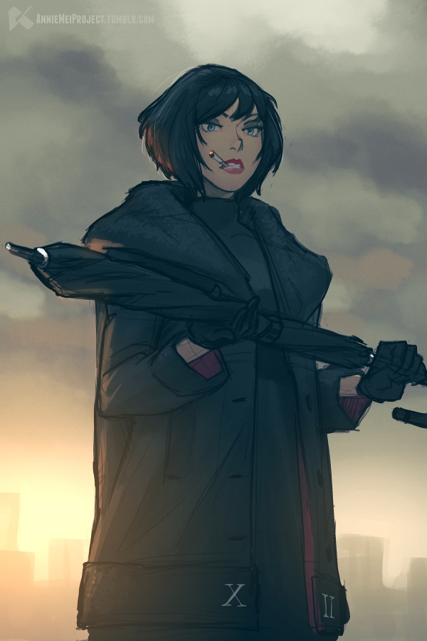 1girl, annie_mei_project, bared_teeth, black_gloves, black_hair, blue_eyes, caleb_thomas, cigarette