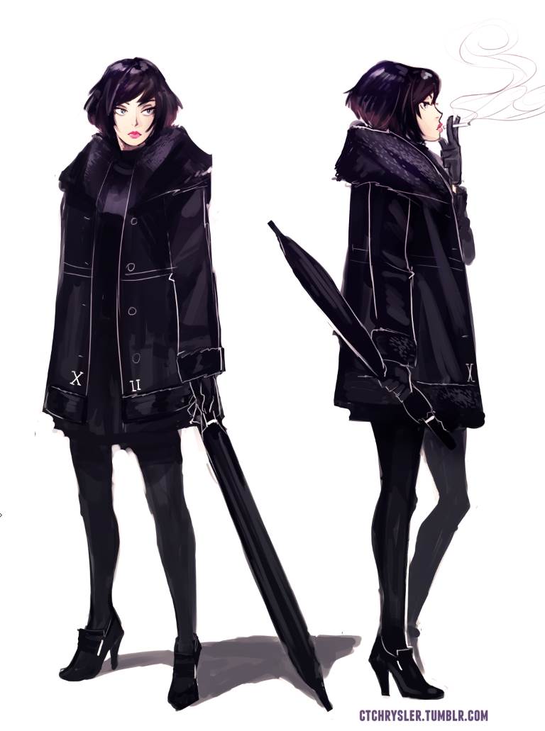 1girl, annie_mei_project, black, black_gloves, black_hair, black_legwear, caleb_thomas, cigarette