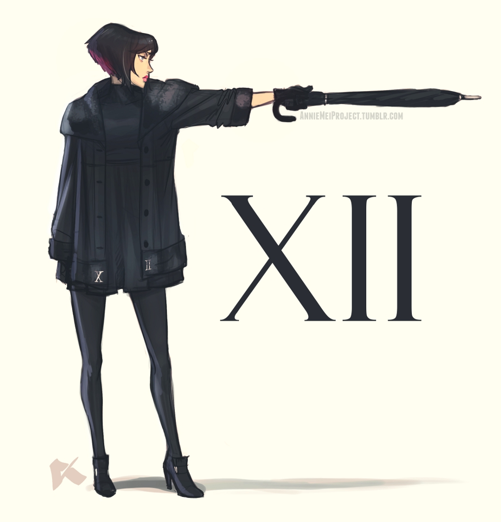 1girl, annie_mei_project, black_gloves, black_hair, black_legwear, caleb_thomas, character_name, closed_umbrella