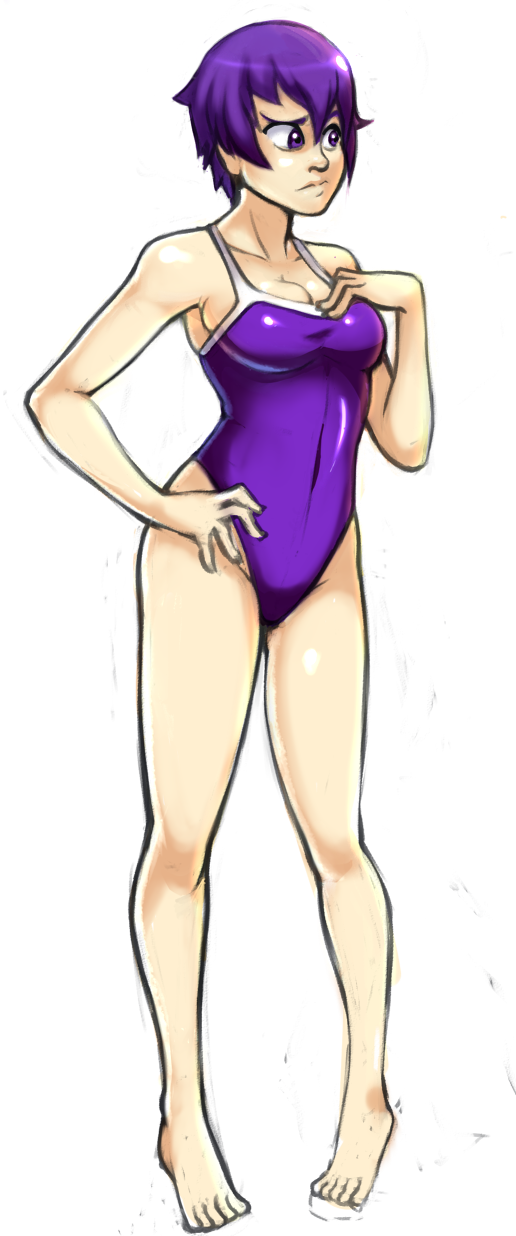 1girl, barefoot, breasts, cleavage, competition_swimsuit, covered_navel, embarrassed, full_body