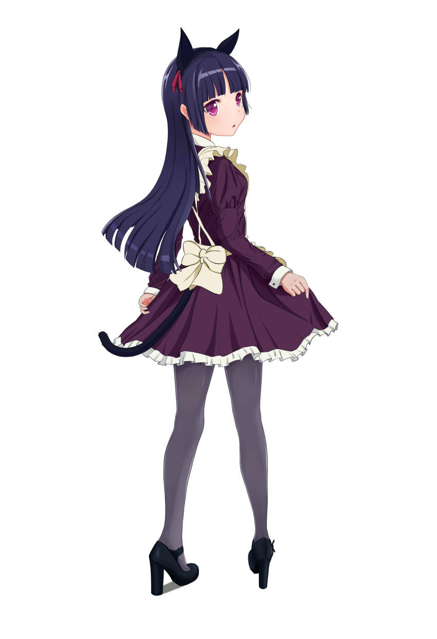 1girl, absurdres, animal_ears, black_hair, black_legwear, cat_ears, cat_tail, frills