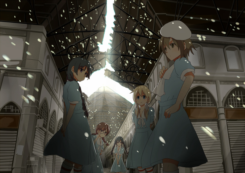 5girls, akiyama_mio, alternate_hairstyle, black_hair, blonde_hair, blue_eyes, braid, brown_hair