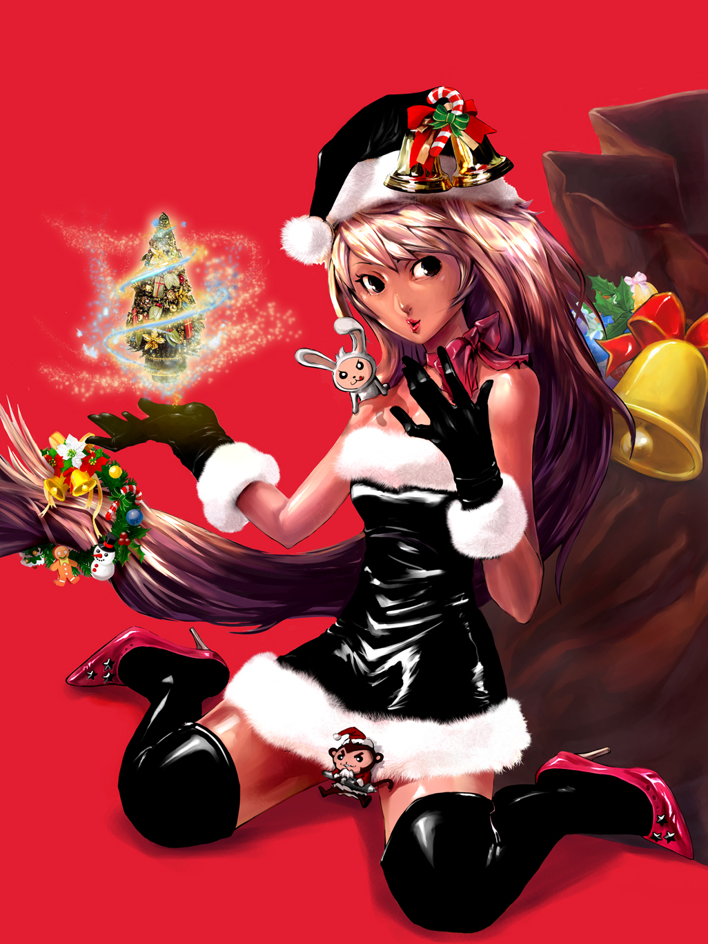 1girl, absurdly_long_hair, bell, black_eyes, black_gloves, black_legwear, blonde_hair, christmas, dark_skin, dress, gloves, hat, high_heels, highres, latex, long_hair, original, red_background, red_shoes, sack, santa_costume, santa_fung, santa_hat, shoes, sitting, solo, stiletto_heels, strapless_dress, very_long_hair, wariza