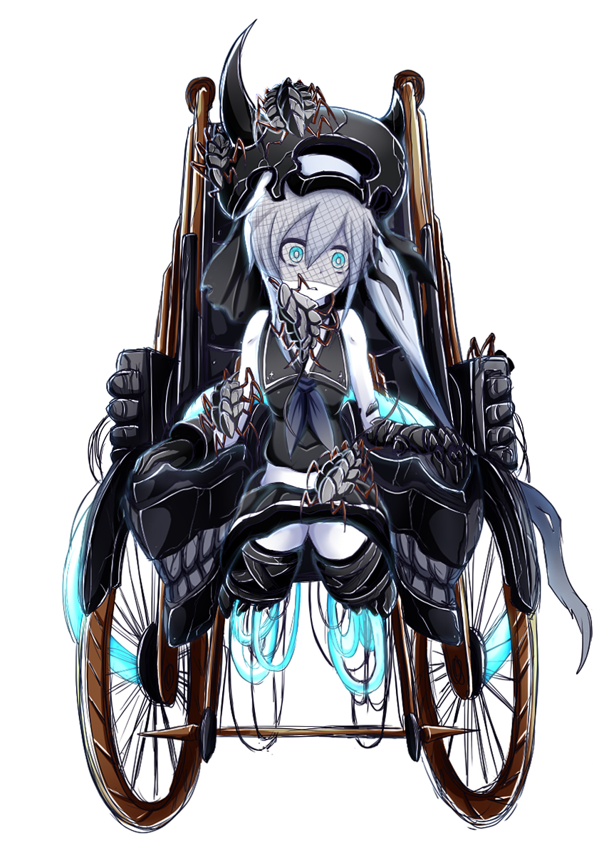 1girl, blue_eyes, destroyer_hime, gauntlets, gloves, highres, kantai_collection, legless, long_hair, no_legs, ogawa-syou, school_uniform, serafuku, shinkaisei-kan, side_ponytail, torpedo, wheelchair, white_hair, white_skin