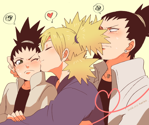 1girl, 2boys, amiko_(a_mk62), beard, black_hair, blonde_hair, blush, cheek_kiss