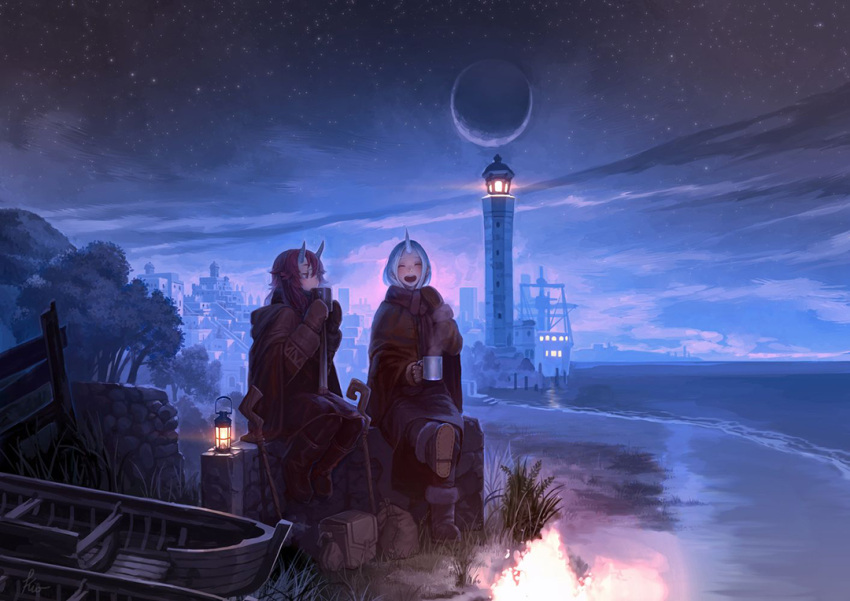 2girls, bag, beach, blush, boat, boots, building, city
