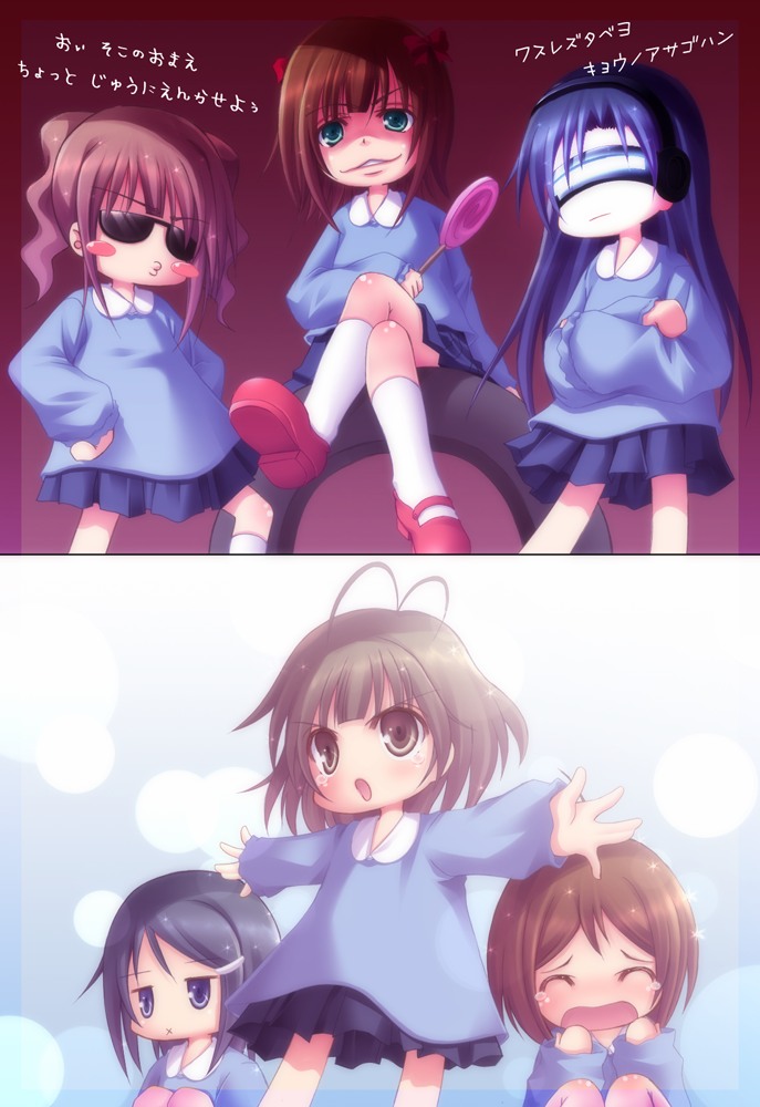 :x, akizuki_ryou, amami_haruka, antenna_hair, blush, blush_stickers, candy, child