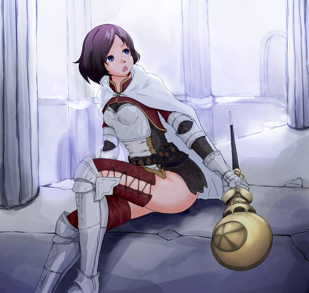 1girl, armor, blue_eyes, breastplate, brown_hair, cape, chestnut_mouth, cosplay