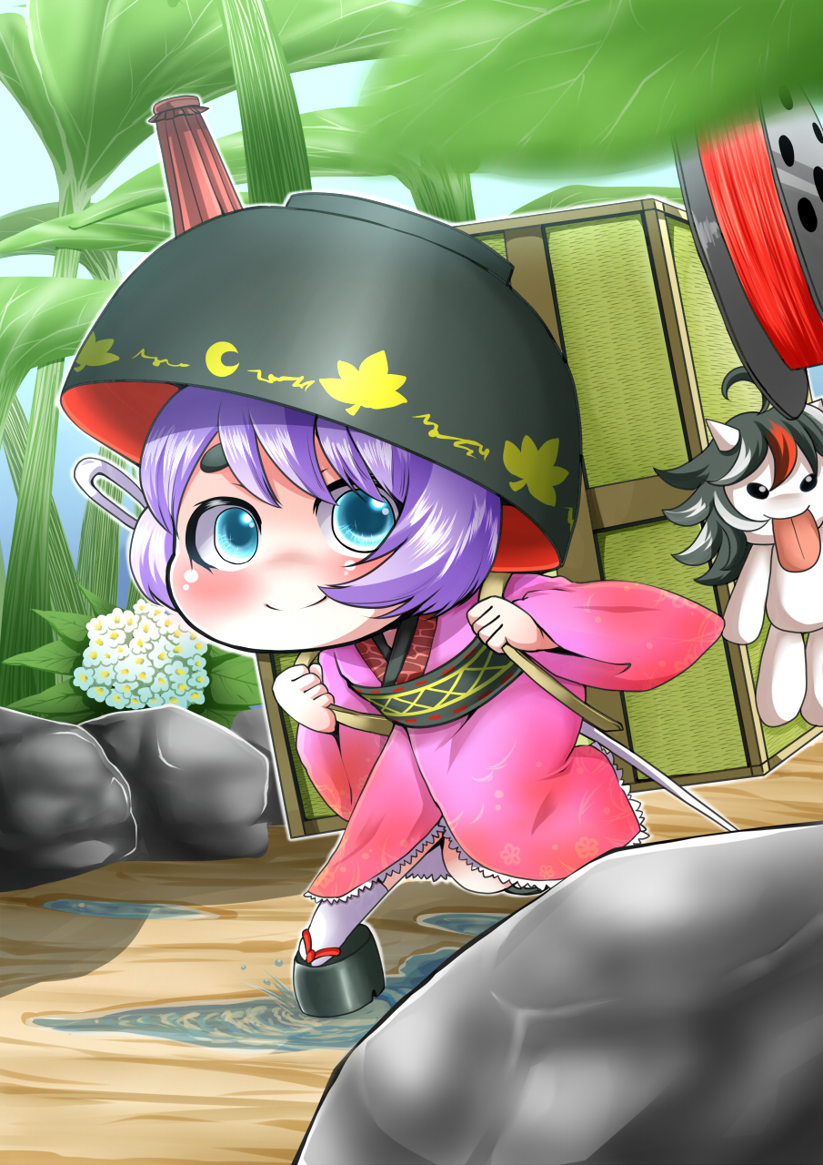 1girl, backpack, bag, black_hair, bow, bowl, character_doll, dress, flower, hat, highres, horns, japanese_clothes, kijin_seija, kimono, minigirl, multicolored_hair, obi, puddle, purple_hair, red_eyes, redhead, sash, short_hair, smile, solo, stone, streaked_hair, sukuna_shinmyoumaru, tongue, tongue_out, touhou, verta_(verlaine), white_hair