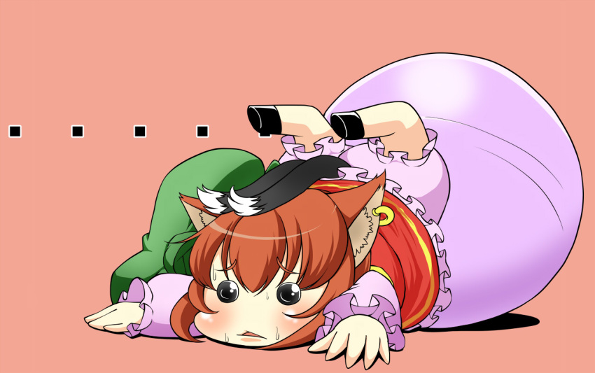 1girl, animal_ears, ball, brown_hair, cat_ears, cat_tail, chen, chibi