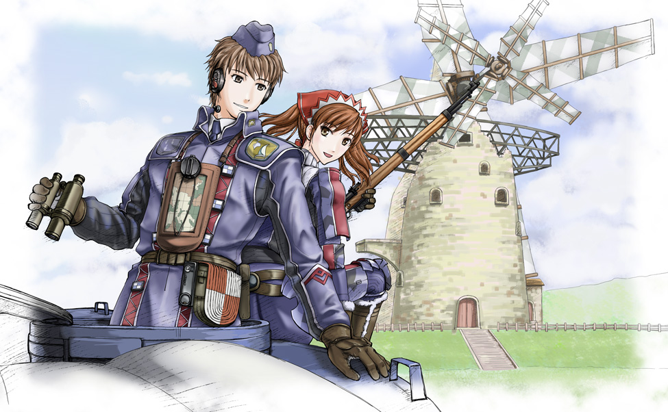 alicia_melchiott, binoculars, brown_hair, grey_hair, headphones, military_uniform, moris, rifle