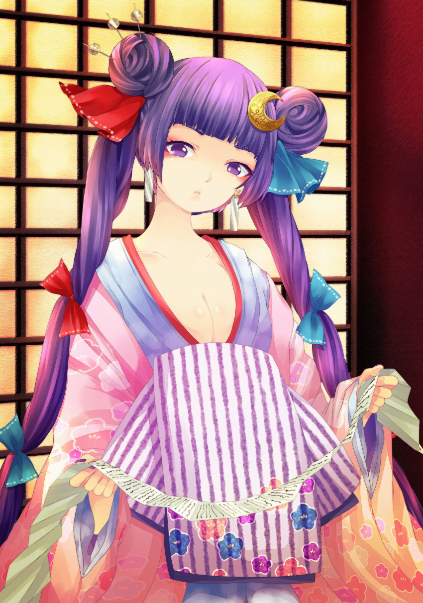 1girl, absurdres, alternate_hairstyle, breasts, cleavage, clumeal, crescent_hair_ornament, double_bun, earrings, hair_ornament, hair_ribbon, hairpin, head_tilt, highres, japanese_clothes, jewelry, large_breasts, long_hair, patchouli_knowledge, purple_hair, ribbon, scroll, solo, touhou, tress_ribbon, twintails, very_long_hair, violet_eyes