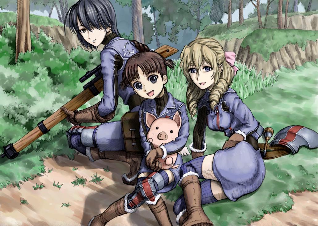 aisha_neumann, black_hair, blonde_hair, blue_eyes, brown_eyes, brown_hair, drill_hair, hans, marina_wulfstan, military_uniform, moris, pig, pink_ribbon, porcavian, ribbon, senjou_no_valkyria, short_hair, susie_evans, uniform