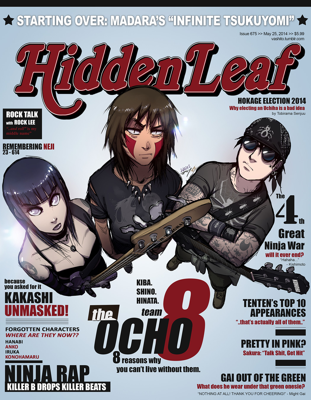1girl, 2boys, aburame_shino, bandana, black_hair, brown_hair, cover, electric_guitar