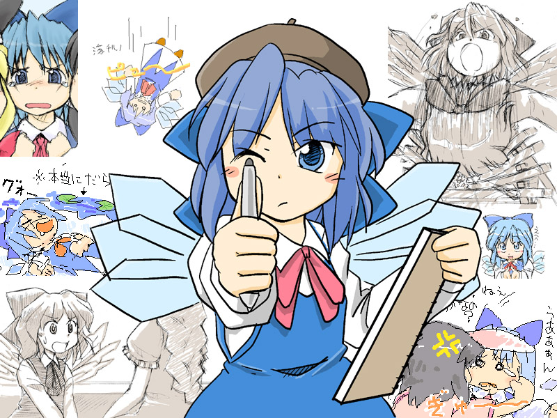blue_hair, cirno, inaba_tewi, saiba, sketchbook, touhou, wings, yagokoro_eirin