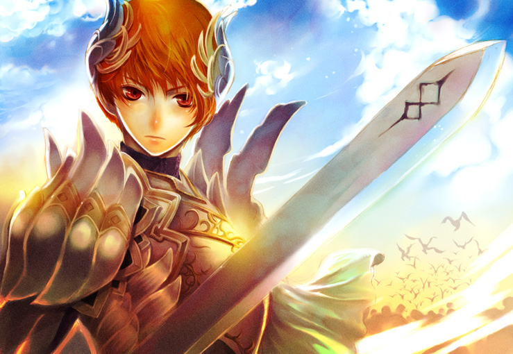 1boy, armor, bird, blue_sky, freyr_(reginleiv), hairpods, orange_hair, p-kana