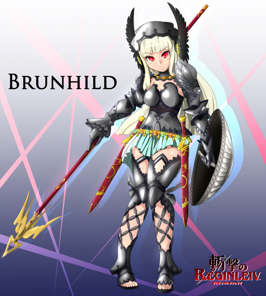 1girl, armor, bangs, black_gloves, breastplate, breasts, brynhild_(reginleiv), character_name