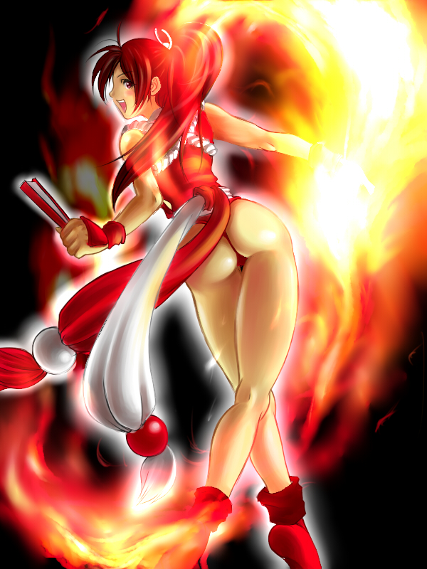 brown_hair, fan, fatal_fury, fire, flossing, japanese_clothes, king_of_fighters, long_hair, looking_back, looking_over_shoulder, ponytail, rope, shiranui_mai, solo, wedgie