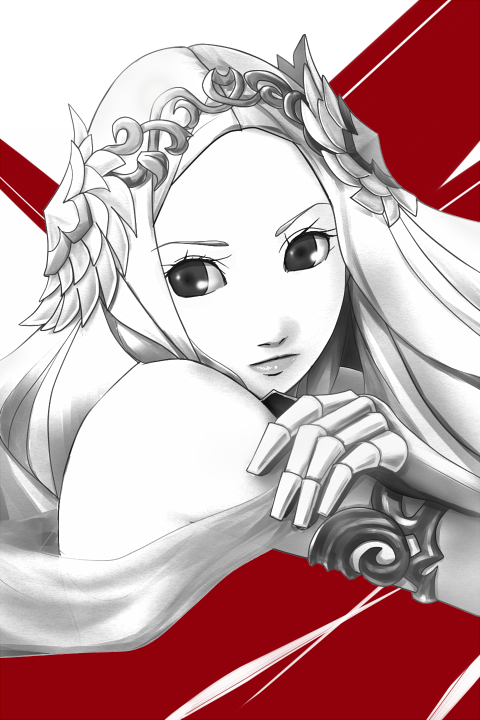 1girl, circlet, forehead, freia_(reginleiv), greyscale, hair_ornament, lips, long_hair, monochrome, shibuchoo, zangeki_no_reginleiv