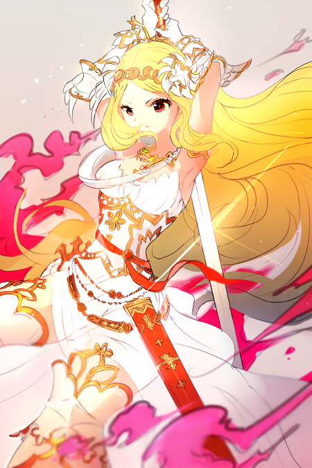 1girl, armband, armpits, arms_behind_head, arms_up, blonde_hair, circlet, freia_(reginleiv)