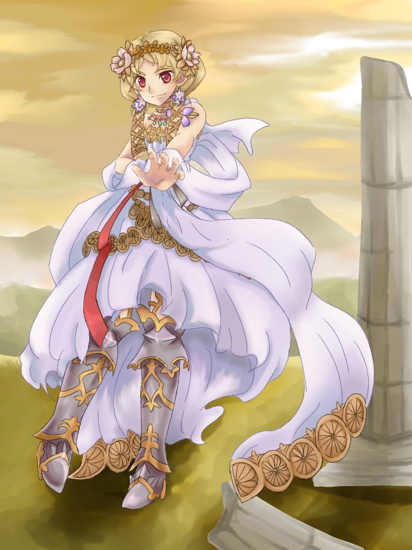 1girl, blonde_hair, dress, flower, greaves, hagoromo, hair_flower, hair_ornament, idunn_(reginleiv), outstretched_hand, red_eyes, shawl, shimo_(laxesp), showgirl_skirt, solo, zangeki_no_reginleiv
