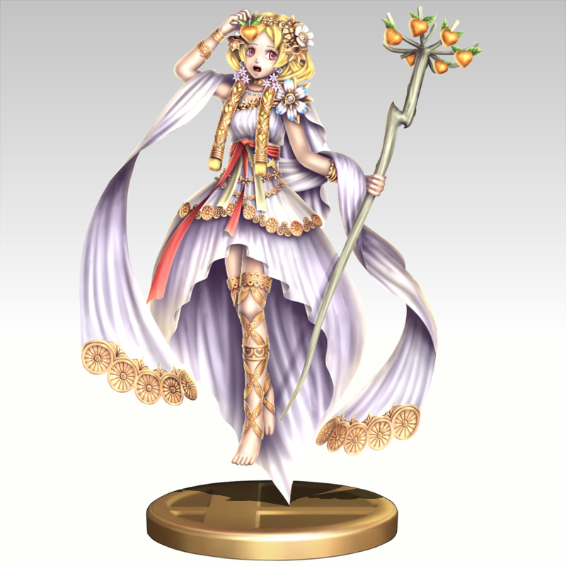 1girl, barefoot_sandals, blonde_hair, braid, flower, food, fruit, gonzarez, hair_flower, hair_ornament, idunn_(reginleiv), long_hair, low_twintails, nintendo, red_eyes, showgirl_skirt, solo, staff, super_smash_bros., toes, twin_braids, twintails, zangeki_no_reginleiv