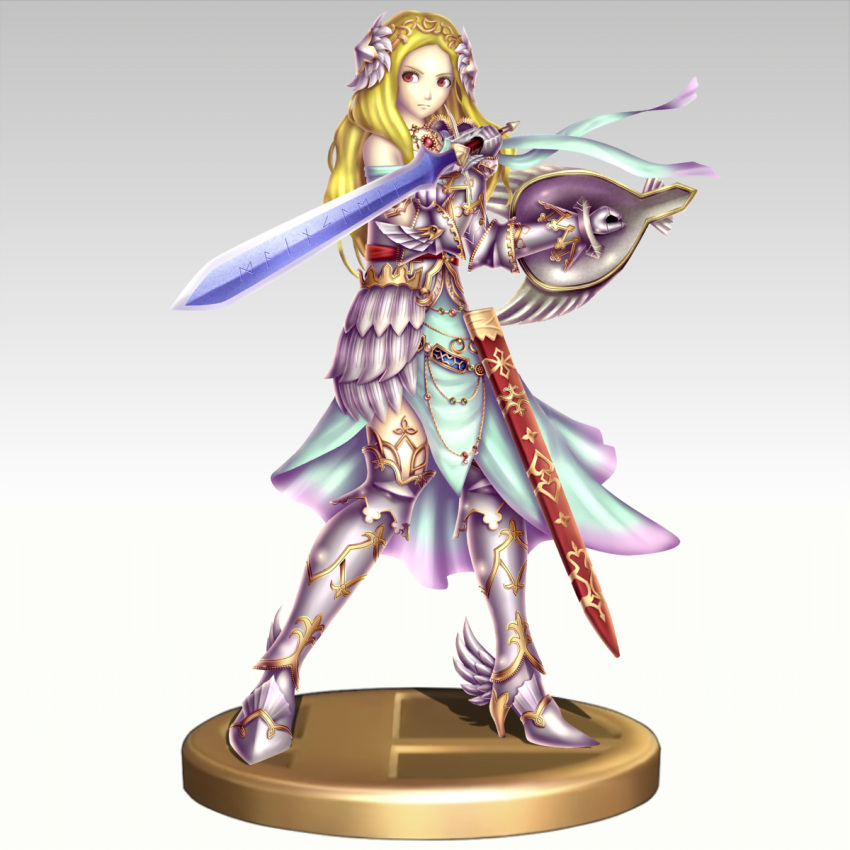 1girl, armor, armored_dress, blonde_hair, breastplate, circlet, fighting_stance, forehead